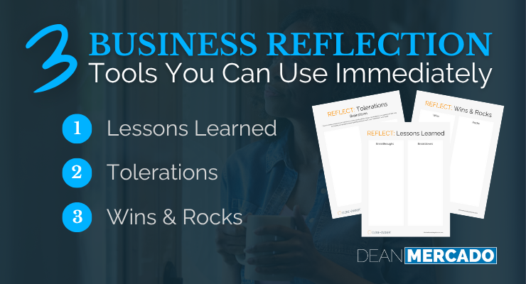 The 3 Business Reflection Tools Infographic showing Lessons Learned, Tolerations, and Wins & Rocks Templates