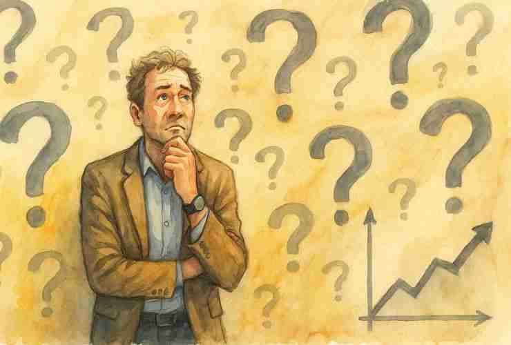 Watercolor illustration of a middle-aged service business owner sitting at a cluttered desk, surrounded by floating question marks and business documents. The figure appears thoughtful and slightly overwhelmed, symbolizing the decision-making challenges behind scaling a service business.