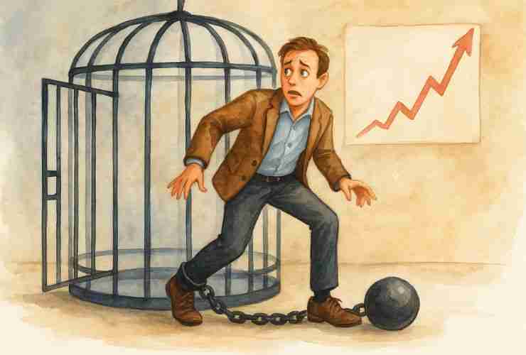 Watercolor illustration of a service business owner with one foot inside a cage and one foot outside, looking anxious and uncertain, with a scaling chart on the wall and a ball and chain attached to the foot still inside.