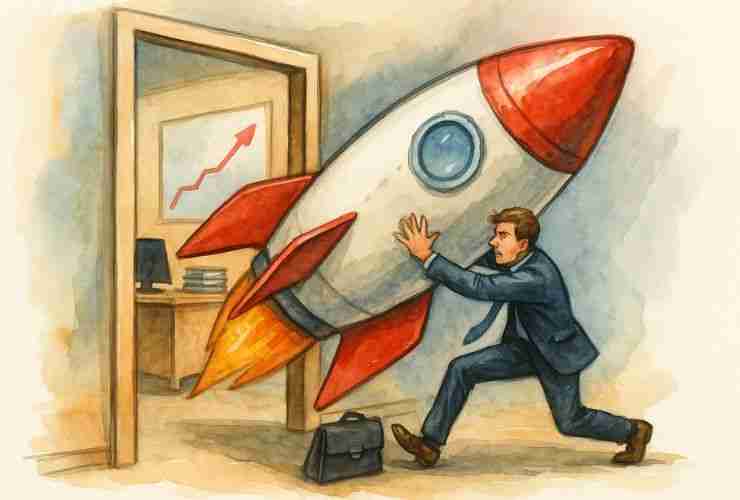 Watercolor painting of a businessman awkwardly pushing a massive rocket through a narrow office doorway, symbolizing the challenge of scaling a business without the right structure.