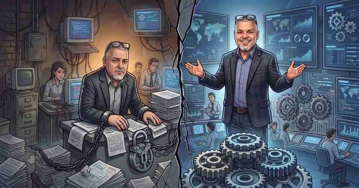 Dean Mercado chained to a paperwork desk, then in orchestrator leadership mode leading a bright, gear-driven command center
