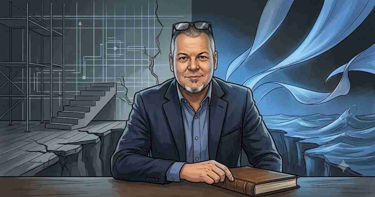 Editorial digital illustration of a business coach seated at a desk spanning the adjustment gap, bridging rigid blueprint structures and fluid blue sails.